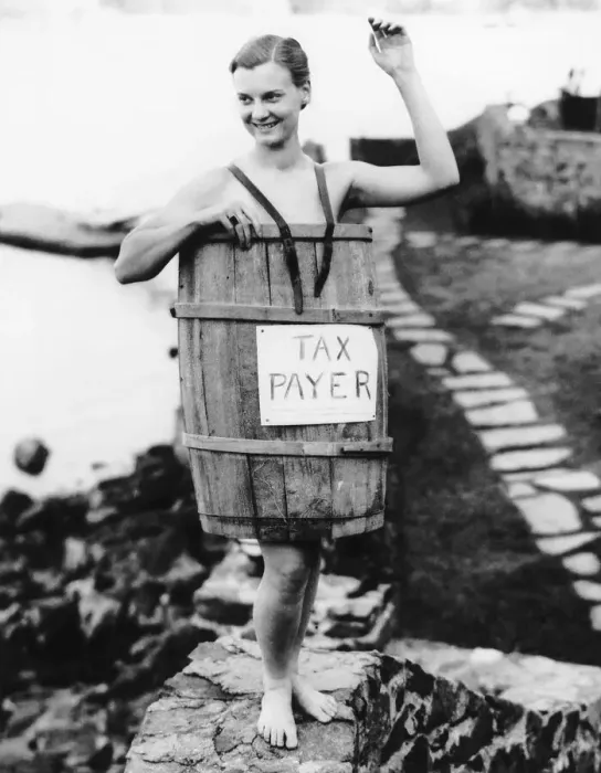 Framed Print : Woman in Tax Payer Barrel Framed Print : Woman in Tax Payer Barrel