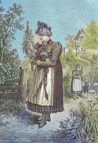 Woman in the traditional traditional costume of Dachau, Bavaria, Germany, on her way to the herb consecration, with a herb bush, Historic, digitally restored reproduction from a 19th century original