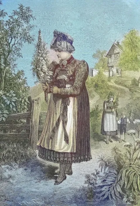 Framed Print : Woman in the traditional traditional costume of Dachau, Bavaria, Germany, on her way to the herb consecration, with a herb bush, Historic, digitally restored reproduction from a 19th century original Framed Print : Woman in the traditional traditional costume of Dachau, Bavaria, Germany, on her way to the herb consecration, with a herb bush, Historic, digitally restored reproduction from a 19th century original
