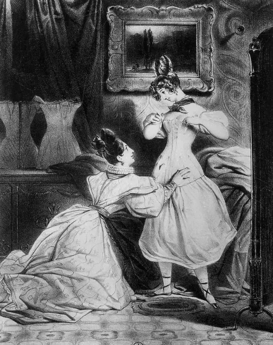 Framed Print : Woman Trying on Corset in Fashion Establishment of 1830s Framed Print : Woman Trying on Corset in Fashion Establishment of 1830s
