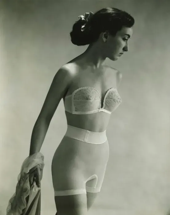 Framed Print : Woman in underwear posing in studio, (B&W), portrait