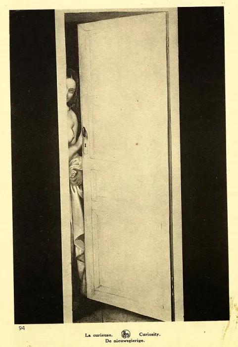 Framed Print : Woman Undressed Peering from Behind Door Framed Print : Woman Undressed Peering from Behind Door