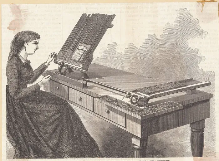 Framed Print : Woman Using Typesetting Machine