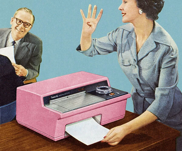 Woman Using Vintage Fax Machine