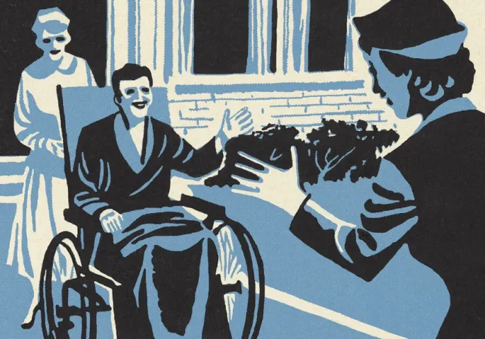 Framed Print : Woman Visiting a Man in a Wheelchair Framed Print : Woman Visiting a Man in a Wheelchair