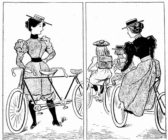Framed Print : Woman waiting with tandem bike and mother with kids cycling by Framed Print : Woman waiting with tandem bike and mother with kids cycling by