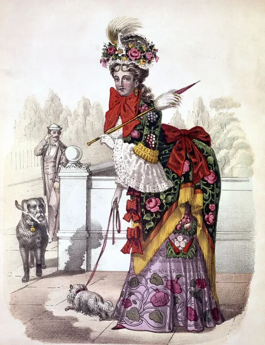 Framed Print : Woman Walking Dog in Bustled Dress Framed Print : Woman Walking Dog in Bustled Dress