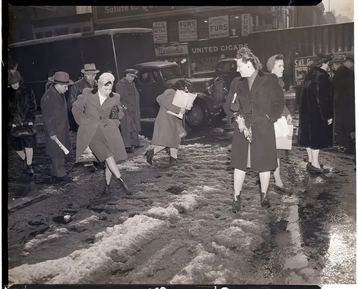 Framed Print : Woman Walking Through Slushy Street Framed Print : Woman Walking Through Slushy Street
