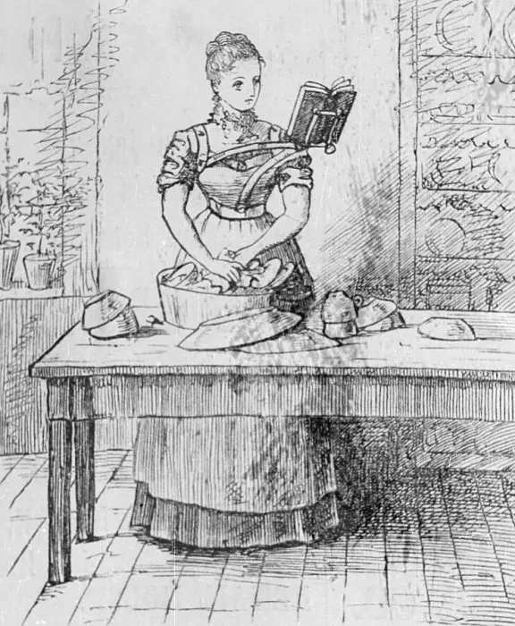 Framed Print : Woman Washing Dishes and Reading Book Framed Print : Woman Washing Dishes and Reading Book