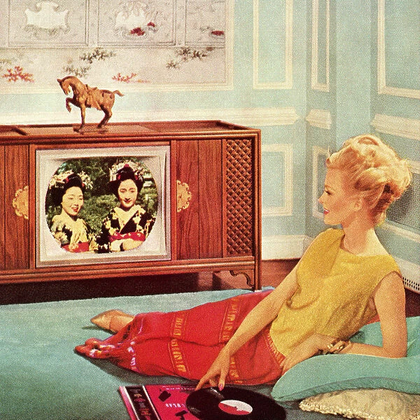 Woman Watching TV In Blue Room