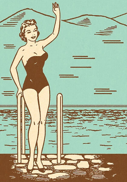 Woman Waving by the Side of a Pool