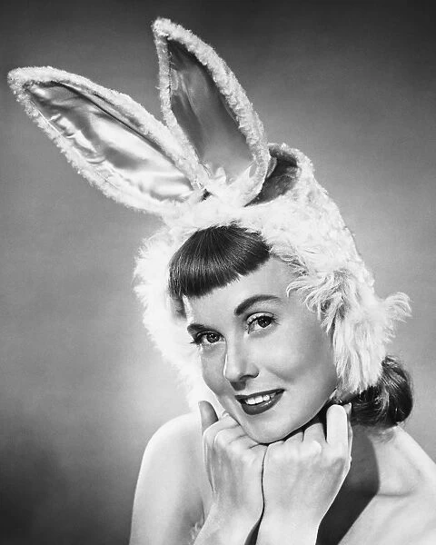 Woman wearing bunny hat