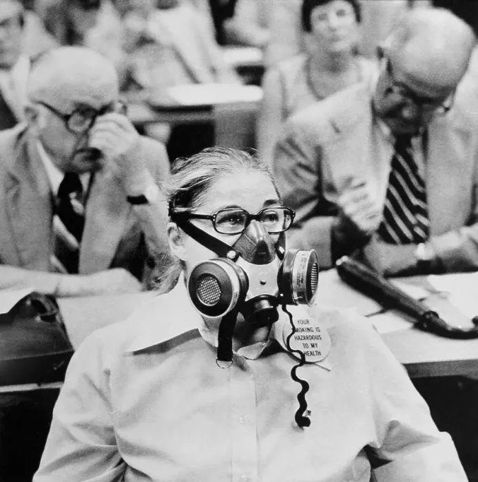 Framed Print : Woman Wearing Gas Mask to Protest Public Smoking Framed Print : Woman Wearing Gas Mask to Protest Public Smoking
