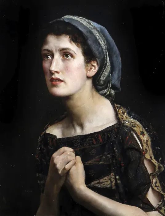 Framed Print : A woman wearing a headscarf holds her hands folded, looking upwards pensively, with a dark background framing her face and emphasising her expression Framed Print : A woman wearing a headscarf holds her hands folded, looking upwards pensively, with a dark background framing her face and emphasising her expression