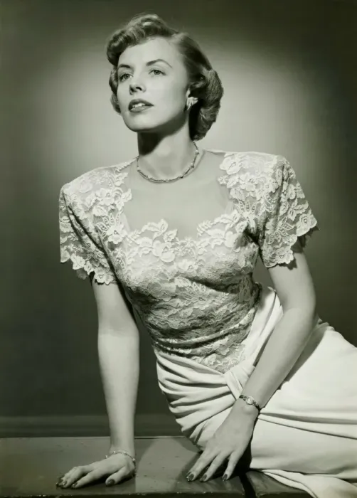 Framed Print : Woman wearing lace evening gown posing in studio, (B&W), (Portrait) Framed Print : Woman wearing lace evening gown posing in studio, (B&W), (Portrait)