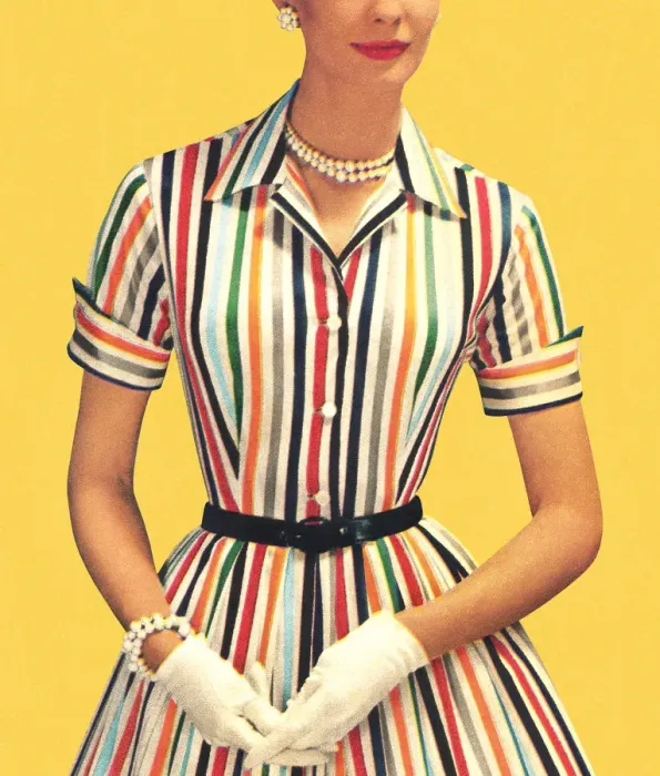 Framed Print : Woman wearing old-fashioned striped dress with white gloves Framed Print : Woman wearing old-fashioned striped dress with white gloves