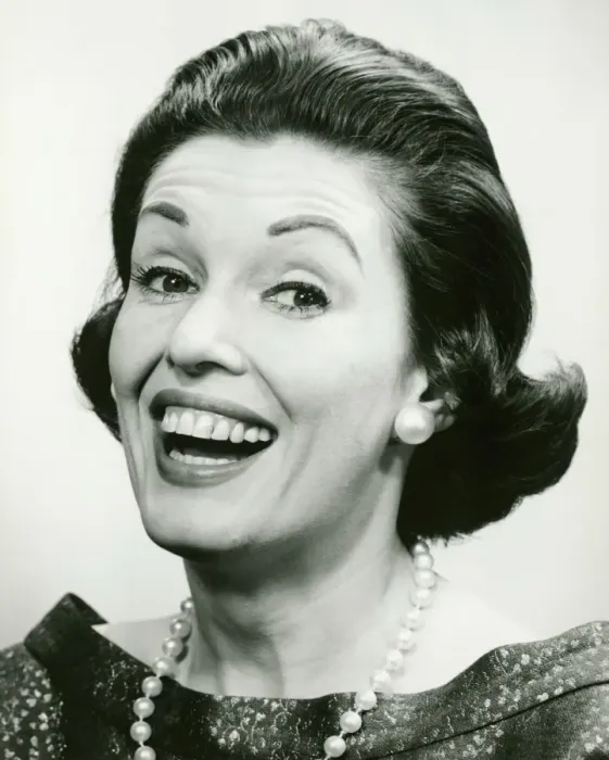 Framed Print : Woman wearing pearls smiling (B&W), (Portrait) Framed Print : Woman wearing pearls smiling (B&W), (Portrait)
