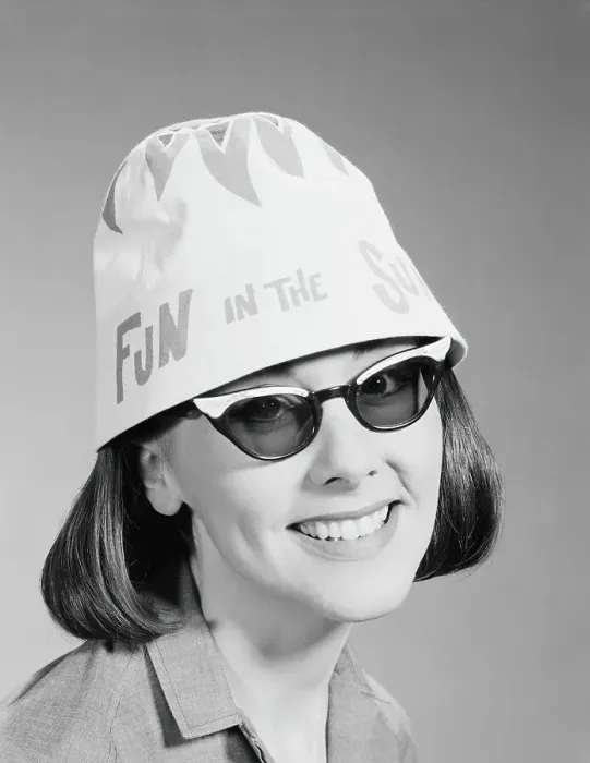 Framed Print : Woman wearing sunglasses and fun in the sun hat, portrait