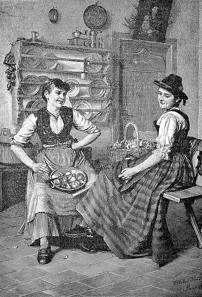 Two woman at work in the kitchen, cleaning vegetables, 1880, Austria, Historic, digital reproduction of an original 19th-century painting