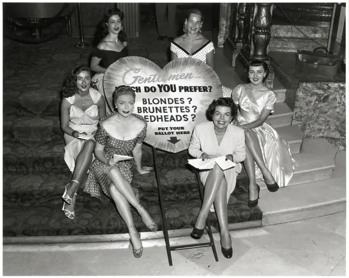 Framed Print : Women Asking Men to Vote on Hair Color Framed Print : Women Asking Men to Vote on Hair Color