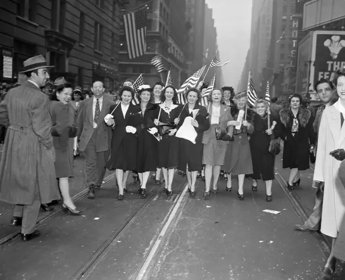 Framed Print : Women Carry Flags Down Street V-E Day Framed Print : Women Carry Flags Down Street V-E Day