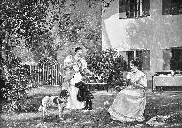 Two women with a child and a dog talk to each other and make floral bouquets - 1896