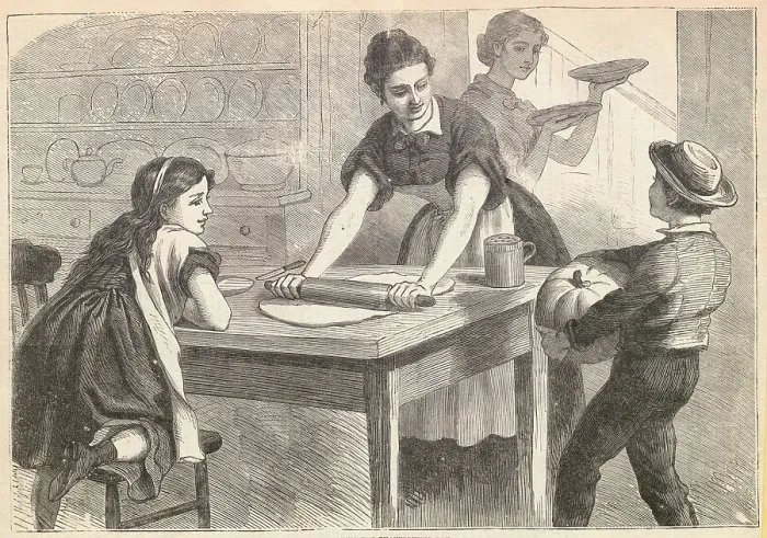 Framed Print : Women and Children Happily Preparing Thanksgiving Dinner