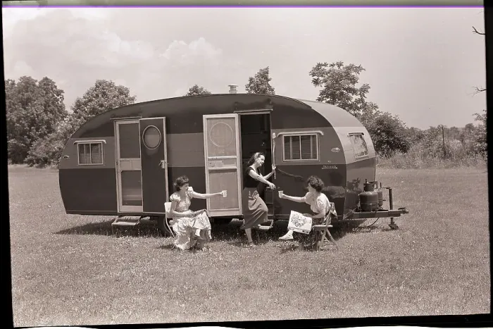 Framed Print : Women Gather Outside Trailer Home Framed Print : Women Gather Outside Trailer Home