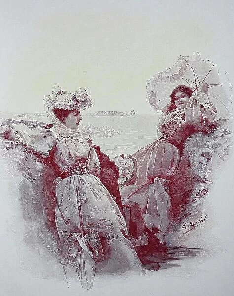 Two Women Holidaying by the Sea in Summer, 1881, Italy, Historical, Digital Reproduction of an Original 19th century Artwork