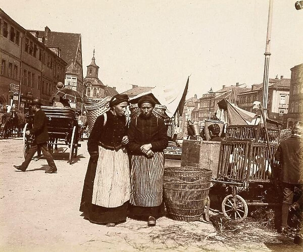 Two Women at a Market, Nuremberg, ca 1870, Bavaria, Germany, Historic, digitally restored reproduction from a 19th century original