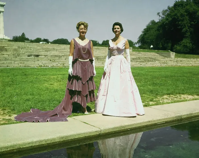 Framed Print : Women Modeling Gowns on Lawn Framed Print : Women Modeling Gowns on Lawn