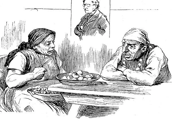 Women peeling raw potatoes sitting on table having talks with her man