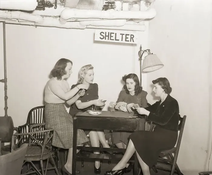 Framed Print : Women Playing Cards In Bomb Shelter Framed Print : Women Playing Cards In Bomb Shelter