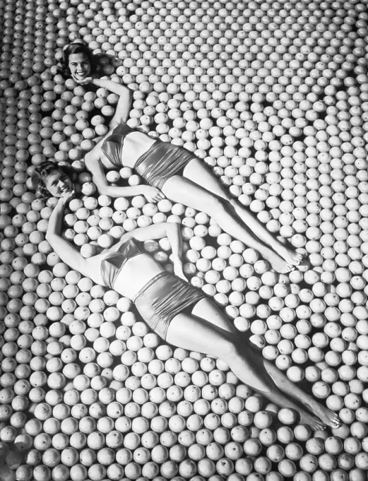 Framed Print : Women in Pool of Oranges Appear Headless Framed Print : Women in Pool of Oranges Appear Headless