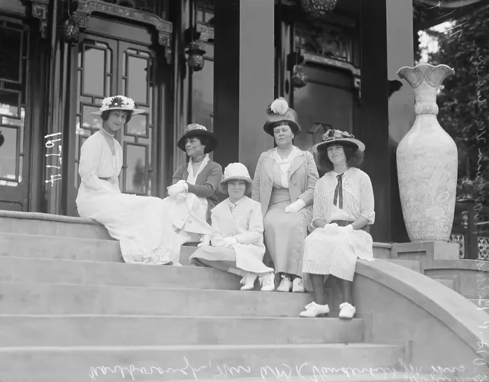 Framed Print : Women Posing on Steps of Belmont Tea House Framed Print : Women Posing on Steps of Belmont Tea House