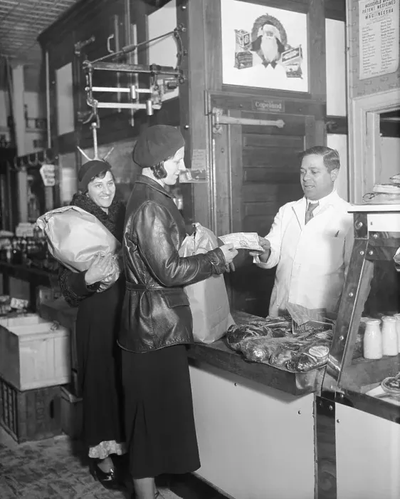 Framed Print : Women Purchasing Food with Scrip Money Framed Print : Women Purchasing Food with Scrip Money