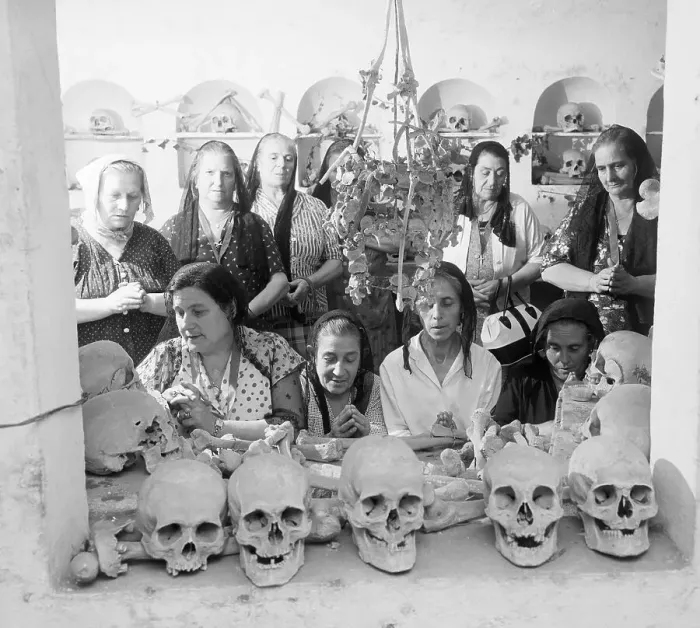 Framed Print : Women of Red Hoods Pray Before Skulls Framed Print : Women of Red Hoods Pray Before Skulls
