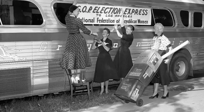 Framed Print : Women Republicans Decorate GOP Bus Framed Print : Women Republicans Decorate GOP Bus