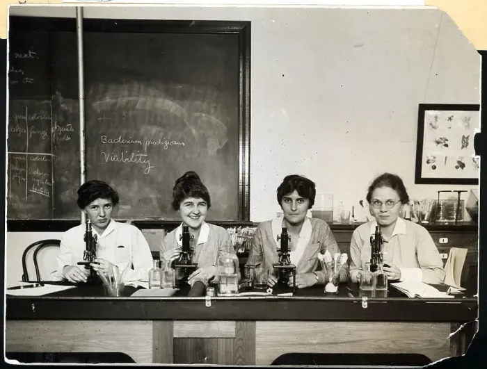 Framed Print : Women Seated At Microscopes In Lab