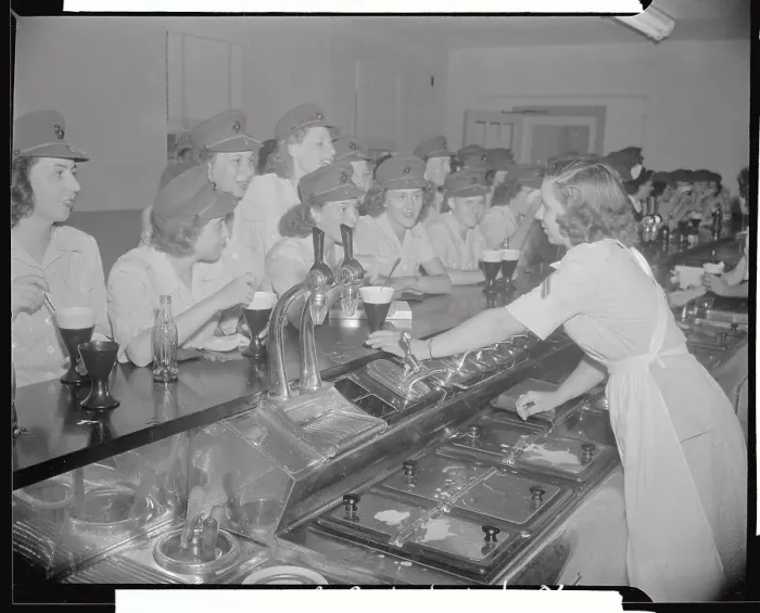 Framed Print : Women Soldiers Being Served at Soda Fountain Framed Print : Women Soldiers Being Served at Soda Fountain