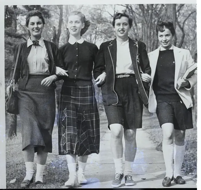 Framed Print : Women Standing In Shorts, Skirts Framed Print : Women Standing In Shorts, Skirts