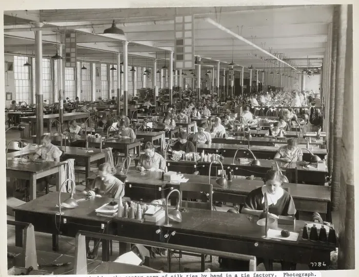 Framed Print : Women Stitching Ties In Factory Framed Print : Women Stitching Ties In Factory