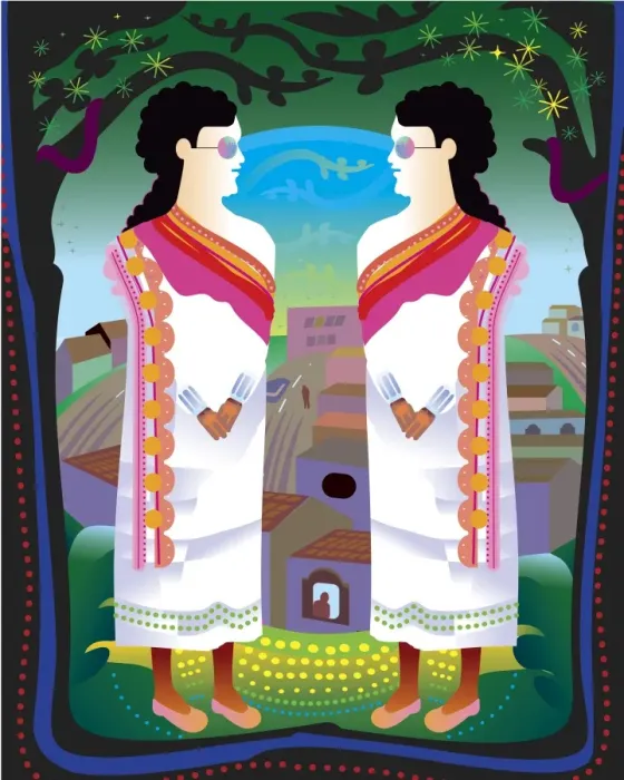 Framed Print : Two women in traditional dress in front of town Framed Print : Two women in traditional dress in front of town