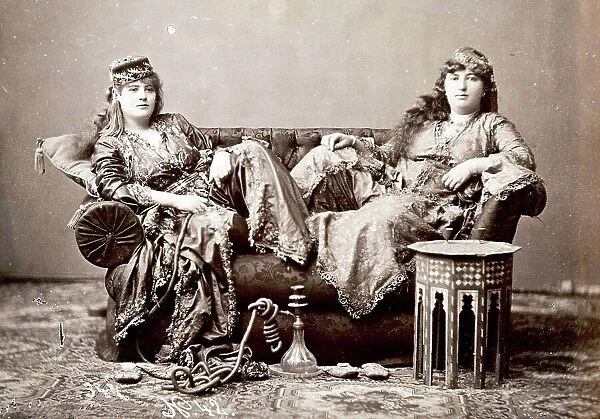 Two Women in Turkish Costume Sitting on a Sofa, 1870, Turkey, Historic, digitally restored reproduction from a 19th century original