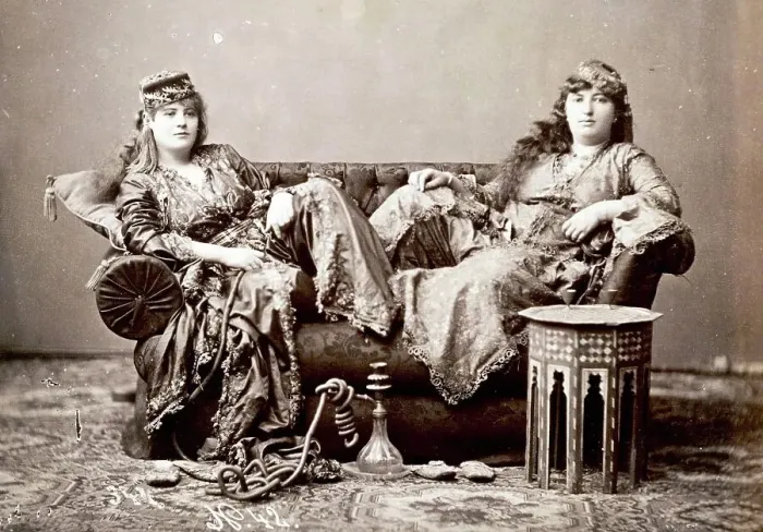 Framed Print : Two Women in Turkish Costume Sitting on a Sofa, 1870, Turkey, Historic, digitally restored reproduction from a 19th century original Framed Print : Two Women in Turkish Costume Sitting on a Sofa, 1870, Turkey, Historic, digitally restored reproduction from a 19th century original