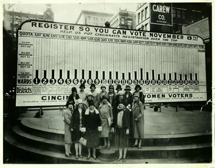 Framed Print : Women Voters Standing in Front of Propaganda Poster Framed Print : Women Voters Standing in Front of Propaganda Poster