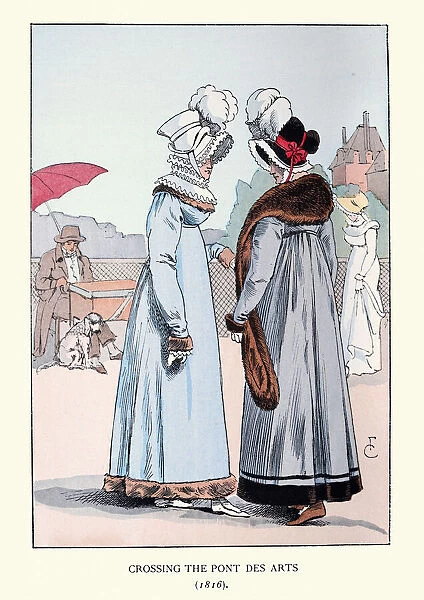 Women wearing high waisted fur trimmed coat, stole, bonnet, Paris fashions early 1810s