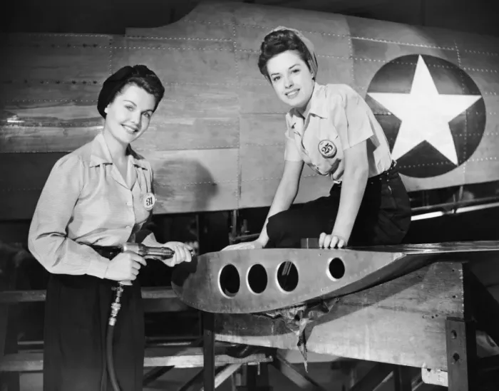 Framed Print : Two women working on airplane Framed Print : Two women working on airplane