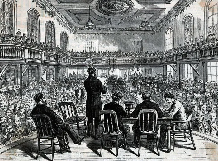 Framed Print : Woodcut Audience Listens To Speaker Framed Print : Woodcut Audience Listens To Speaker