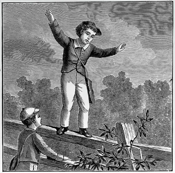 Framed Print : Woodcut Of Boy Walking On Fence / Balancin Framed Print : Woodcut Of Boy Walking On Fence / Balancin